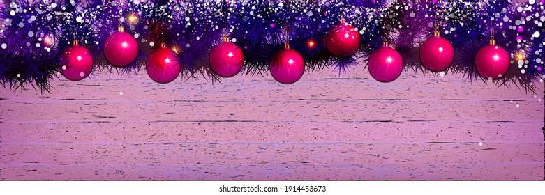 Christmas wooden background with fir branches and balls. Vector illustration. In pink tones