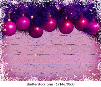 Christmas wooden background with fir branches and balls. Vector illustration. In pink tones