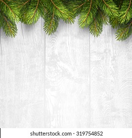 Christmas Wooden Background With Fir Branches. Vector Illustration