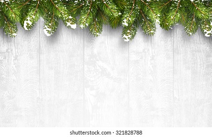 Christmas wooden background with fir branches and snow. Vector illustration