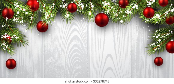 Christmas wooden background with fir branches and balls. Vector illustration.
