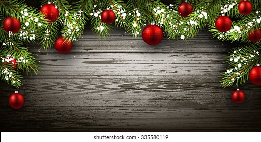 Christmas wooden background with fir branches and balls. Vector illustration.
