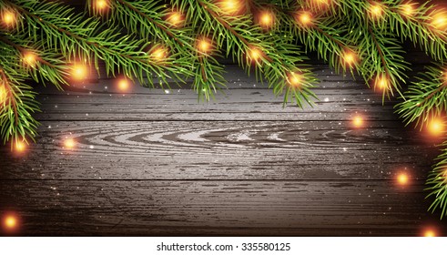 Christmas wooden background with fir branches. Vector illustration.