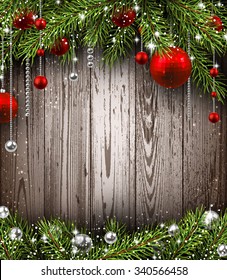 Christmas wooden background with fir branches and balls. Vector illustration.