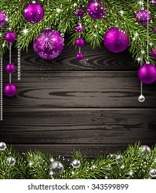 Christmas wooden background with fir branches and balls. Vector illustration.