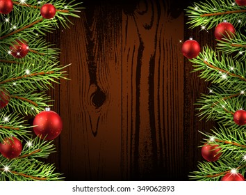 Christmas wooden background with fir branches and balls. Vector illustration.
