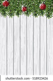Christmas wooden background with fir branches And a red ball for decoration . Vector illustration