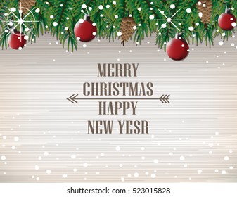 Christmas wooden background with fir branches And a red ball for decoration . Vector illustration