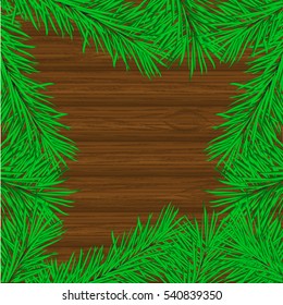 Christmas wooden background with fir branches. Vector illustration