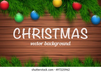 Christmas wooden background with fir tree and glass balls and christmas socks. Top view. Winter Holiday xmas mock-up and backdrop. Vector Illustration.