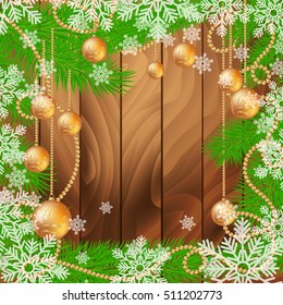 Christmas wooden background with fir tree and glass Christmas balls. Vector illustration with place for text. Winter Holiday xmas and Happy New Year background.
