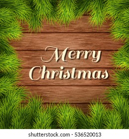 Christmas wooden background with fir christmas tree branches festive decorations. . Vector illustration