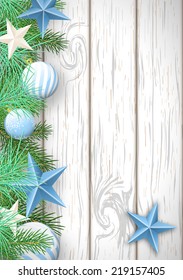 Christmas wooden background with green branches and blue baubles and stars, vector illustration, eps 10 with transparency and gradient mesh
