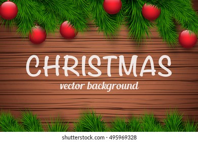 Christmas wooden background with spruce fir tree and glass balls. Top view. Winter Holiday xmas mockup and backdrop. Vector Illustration.