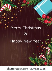 Fondo de madera de Navidad con dulces, ramas de árboles de Navidad, regalos y dulces. Atmosférico año nuevo lindo fondo para tarjetas de felicitación banners folletos volantes