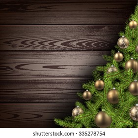 Christmas wooden background with christmas tree. Vector illustration.
