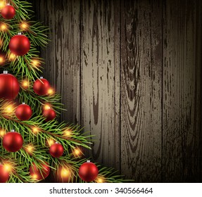 Fondo de madera de Navidad con árbol de navidad. Ilustración vectorial.