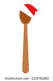 Christmas wooden big spoon with Santa hat and long handle icon isolated on white background. Cooking xmas ladle for stir top view illustration. Flat design cartoon kitchenware vector illustration.
