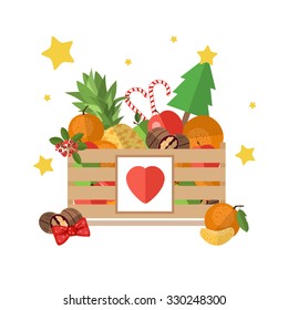 Christmas wooden box isolated on white background. Box with fruit and dessert in a flat style. The background of fresh, natural foods. Cart with product buy in supermarket. Vector illustration. 