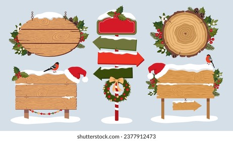 Christmas wooden empty signs and road signs set. Wooden sign decorated with holly and fir branches with Santa hat . A road sign with arrows. Illustrated vector clipart.