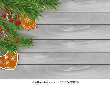 Christmas wooden gray background with Gingerbread cookies, Christmas tree branches and Holly berries for Xmas and New Year design. Vector illustration.