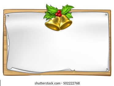 Christmas wooden scroll sign with gold bells and holly