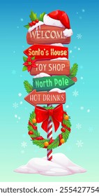 Christmas wooden sign board, xmas north pole signage. Festive wood signpost adorned with holiday decorations like Santa hat, wreath, red bow and snow, directing to Santa house, toy shop and hot drinks