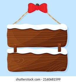 Christmas wooden sign decorated with snow hanging on the wall. Vector illustration flat.
