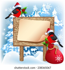Christmas wooden signboard with bullfinches in Santa Claus hat and gift bag