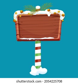 Christmas wooden signboard, road signs on striped stick with decoration, empty frame in cartoon style isolated on white background. Holiday decoration. Ui game asset.