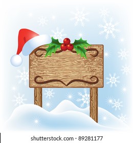 Christmas wooden signboard with santa hat and holly berries