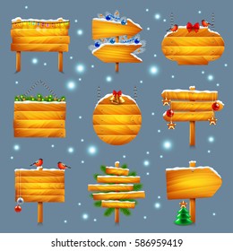 Christmas wooden signs photo realistic vector set
