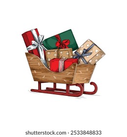 Christmas wooden sleigh of santa claus with colorful gifts