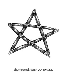 Christmas wooden star vector illustrations. Hand sketched Christmas tree decoration element. Perfect for greeting cards, invitations, flyers, banners, gift packaging. Wooden star in vintage style.