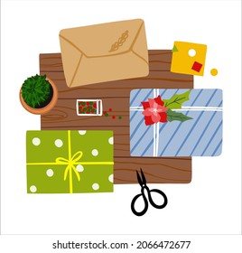 Christmas wooden table with gift box. Top view preparing presents for wrapping in colorful paper. Flat lay illustration with packaging christmas surprises. Vector illustration