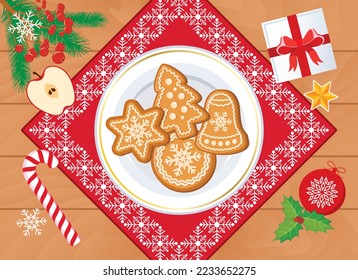 Christmas wooden table with gingerbread and decorations top view vector. Christmas dinner on wood table view from above vector illustration. Gingerbread cookies on a plate drawing