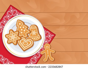 Christmas wooden table with gingerbread on plate top view vector. Christmas cookies on wood background view from above vector illustration. Festive christmas wooden table frame