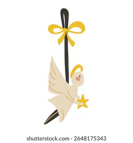 Christmas Wooden Toy Angel. Traditional Natural Handmade Cute Hanging Toy on String with Bow Ribbon. Vintage Cartoon Colorful Hand Drawn Element. Xmas Cozy Aesthetic Vibes Vector Illustration Isolated