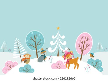 Christmas woodland background with cute animals.