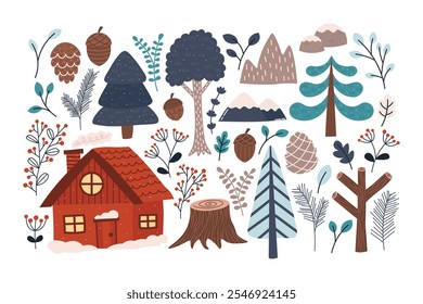 Weihnachtswald, Vektorgrafiken zum Drucken, Scrapbooking, Sammlung sozialer Medien. Winterwald Elemente mit Bäumen, pflanzliche, Blätter, Zweige, Äste, Wellen, holly Zweig, Haus, Hütte