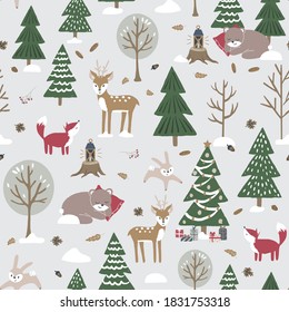 Christmas Woodland Vector Repeat Pattern With Cute Animals And Trees On Light Grey Background.	