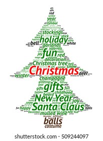 Christmas word cloud concept in shape of Christmas tree on white background. Vector.