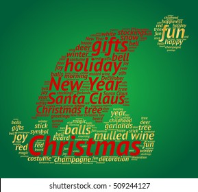 Christmas word cloud concept in shape of Santa hat on gradient green background. Vector.