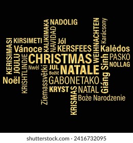 nube de palabras navideñas aislada en un fondo negro.