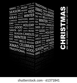 CHRISTMAS. Word collage on black background. Illustration with different association terms.