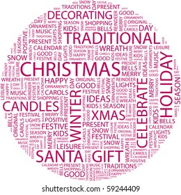 CHRISTMAS. Word collage on white background. Illustration with different association terms.