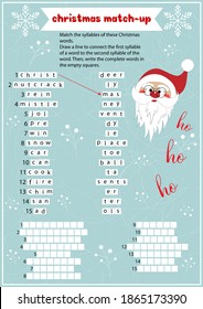 Christmas  word match educational game. Learn english vocabulary. Winter holidays. Cute Santa. Worksheet for children. Logic  game for kids. Vector illustration. Eps 10