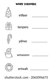 Christmas word scramble for kids. Sort letters into correct order. Worksheet for children.