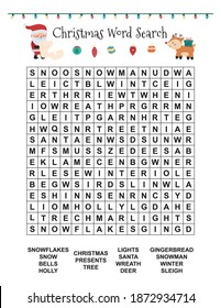 Christmas word search for children. Educational crossword game. Activity printable worksheet.