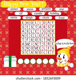 Christmas word search game for children. Сross out all the words and find a word using remain letters. Vector illustration